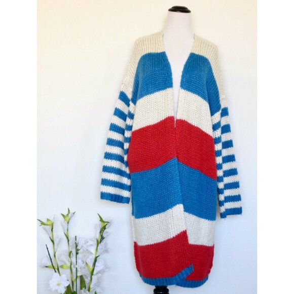 VICI Chunky Knit Open Front Duster Cardigan Striped Red White Blue SZ M - Picture 4 of 9